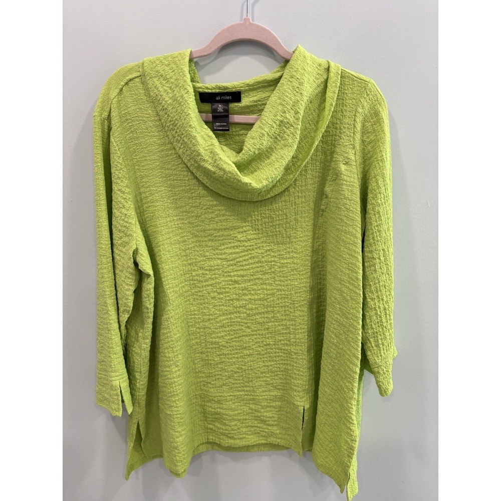 Ali Miles Women's Lime Green Cowl Neck Textured Tunic Top 1X Lagenlook Artsy